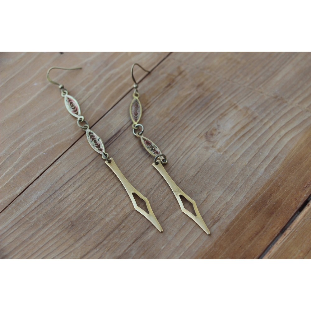 Art Deco Brass Filigree Spike Dangle Earrings Long Shoulder Duster Vintage Style
